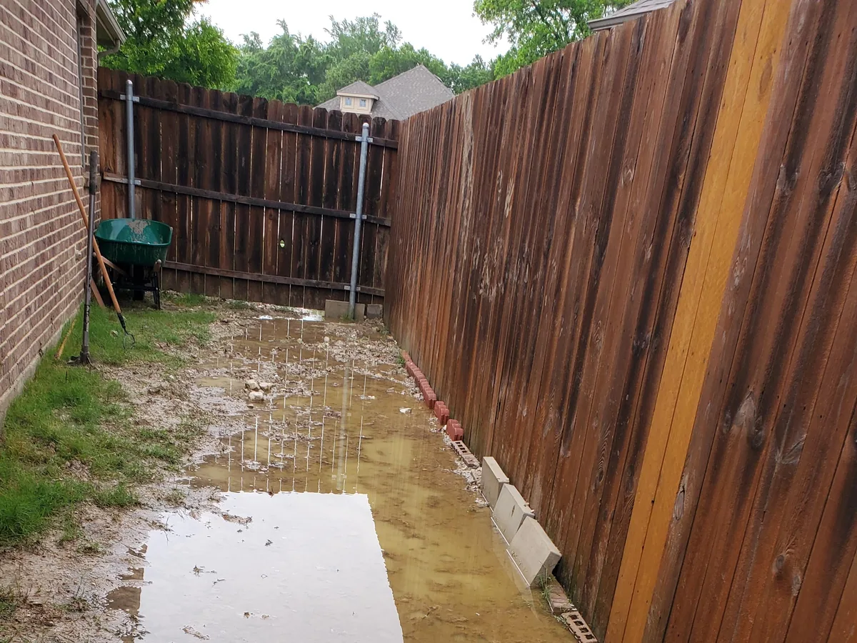 Standing water pooled in a side yard between a brick house wall and a wood privacy fence, French drains